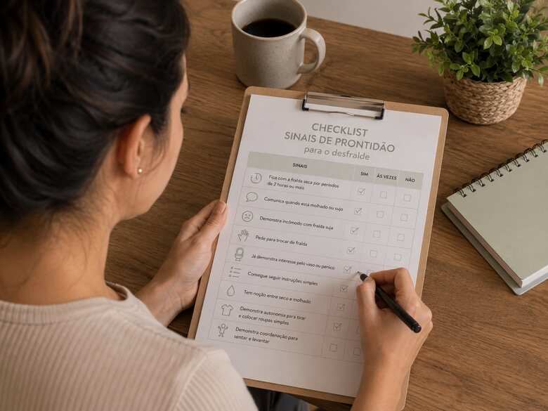 Mãe preenchendo o checklist do desfralde sobre a mesa