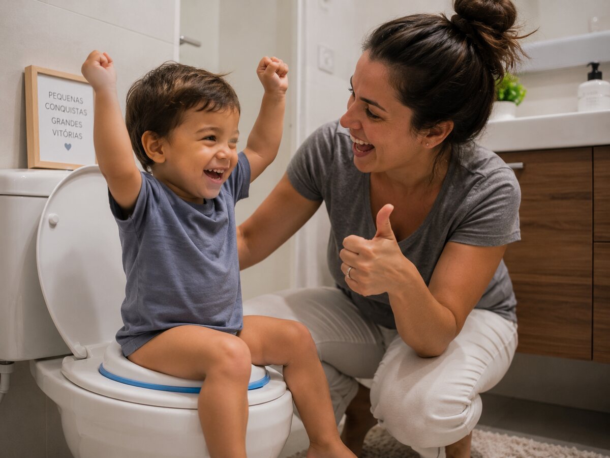 Criança comemorando sentada no vaso sanitário ao lado da mãe